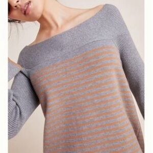Anthropologie Off-Shoulder Gray & Orange Striped Women's Tunic Sweater